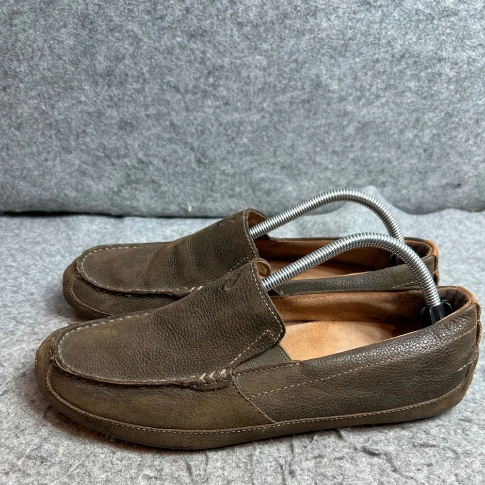 OluKai Moloa Mens Leather Loafers Dark Wood Brown Slip On Shoes Size 10